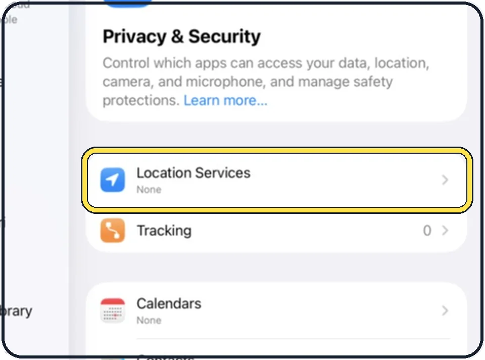 iPad screenshot: Tap Privacy & Security, then Location Services