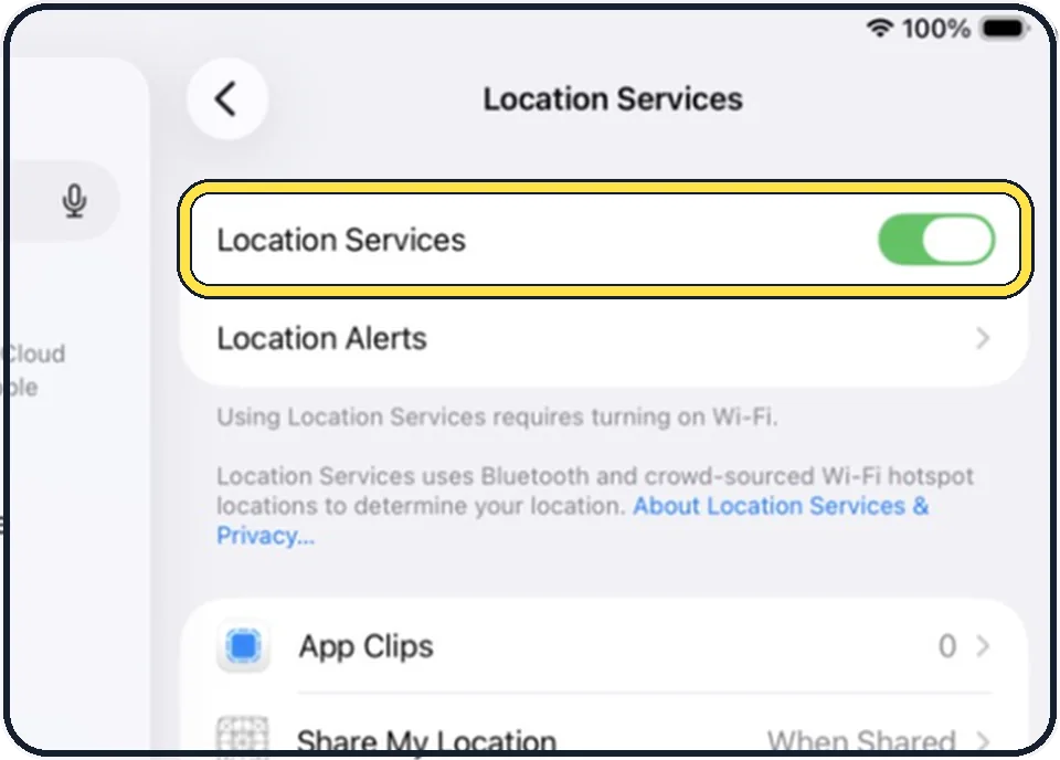 iPad screenshot: Leave the main switch on, or switch everything off