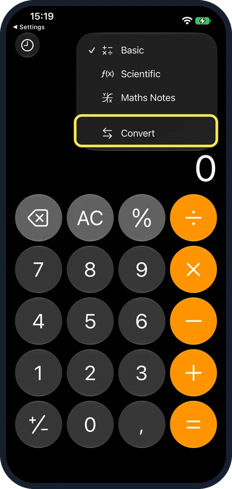 iPhone screen: Tap the calculator button, then Convert