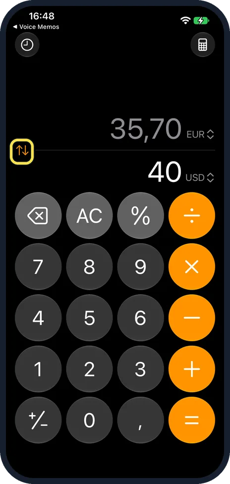 iPhone screen: To convert the other way, tap the swap button