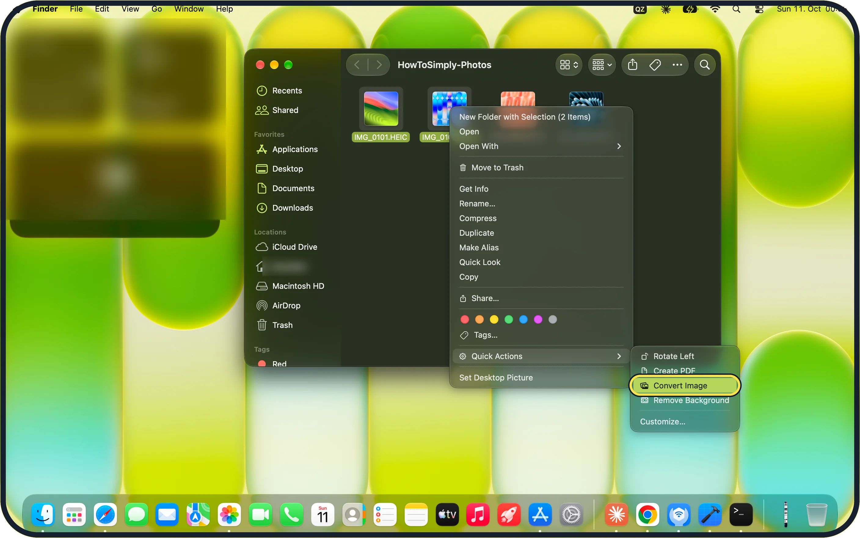 Mac screenshot: Right-click and choose Quick Actions > Convert Image