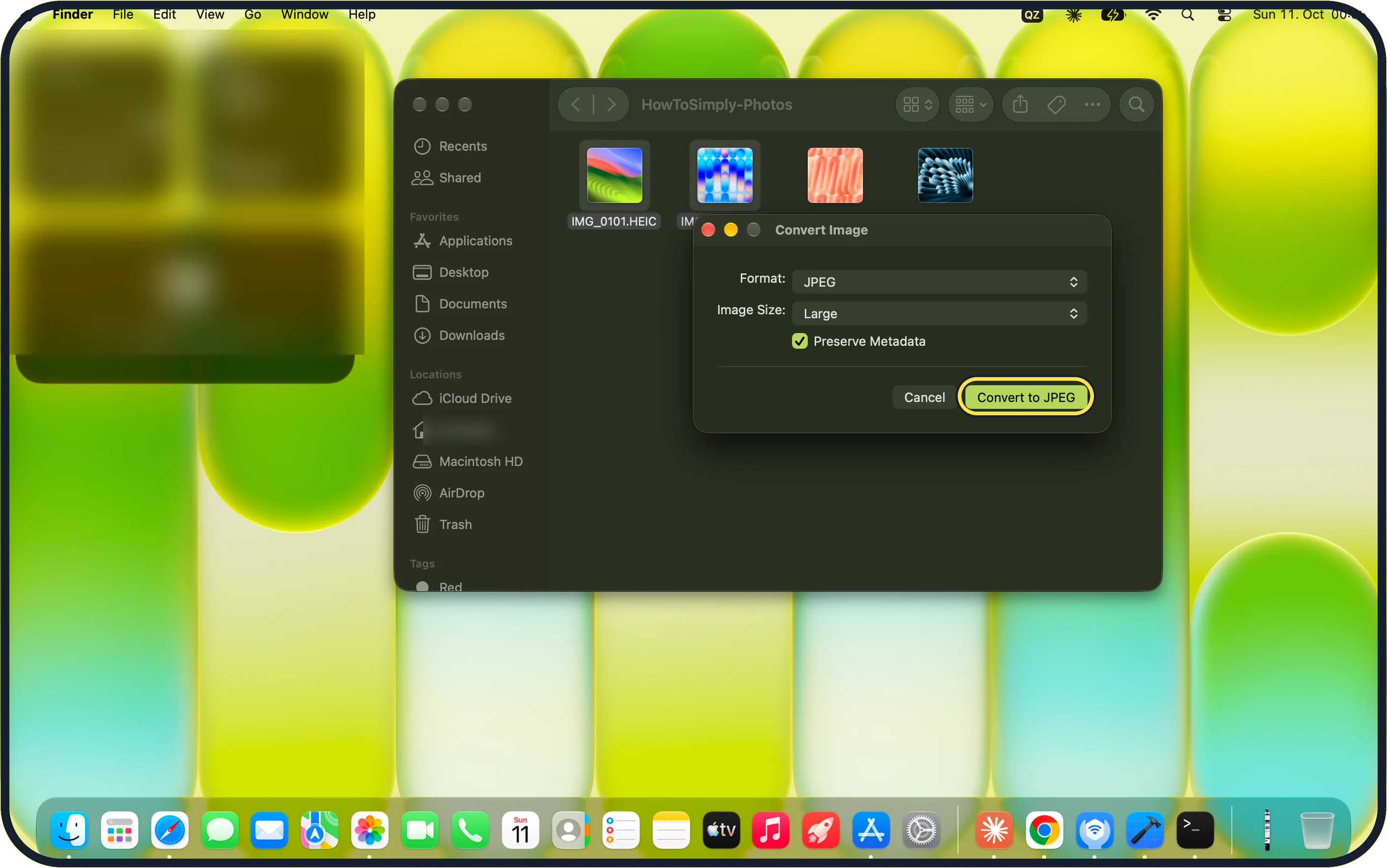 Mac screenshot: Click Convert to JPEG