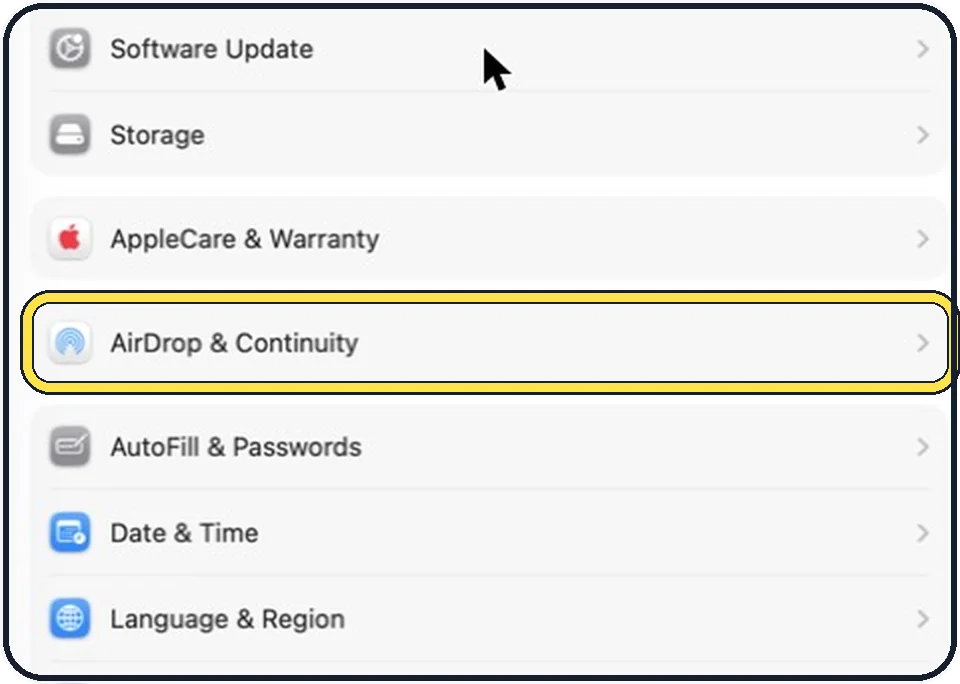 Part of the Mac System Settings window: Mac: open General, AirDrop & Continuity