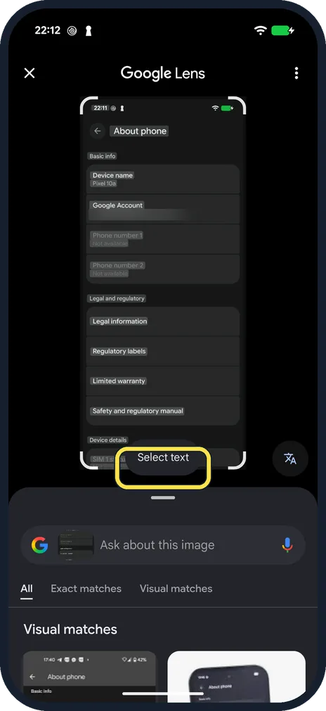 Android screenshot: Close the tip and tap Select text