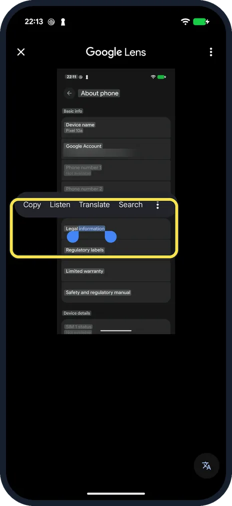 Android screenshot: Touch and hold one word