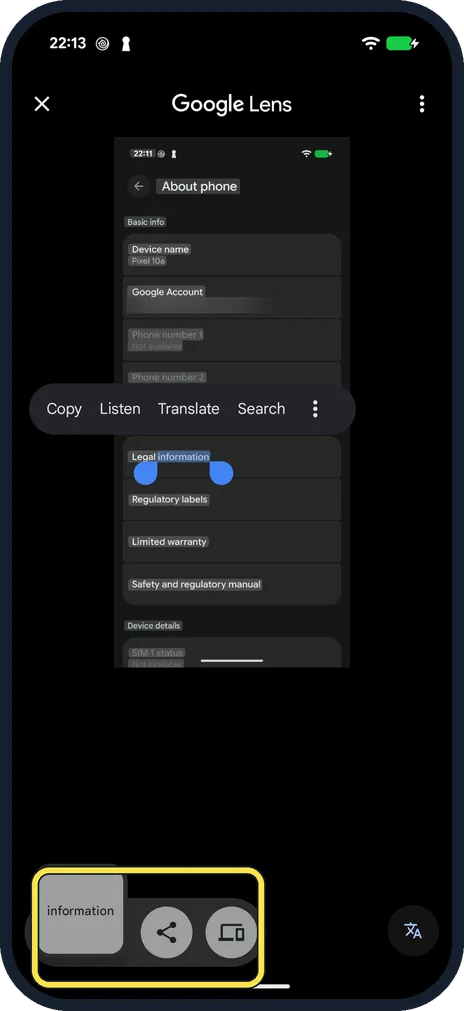 Android screenshot: Tap Copy