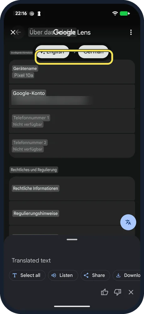 Android screenshot: Or translate the text