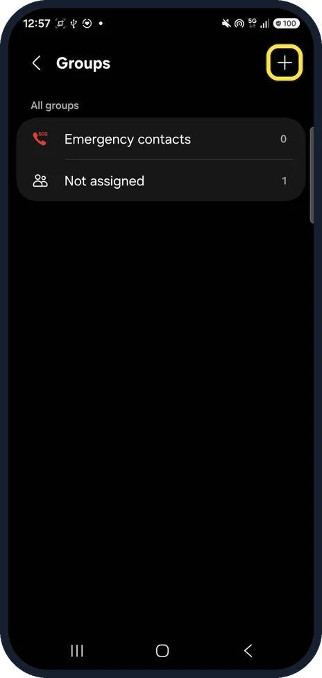 Android screenshot: Open Groups and tap the plus