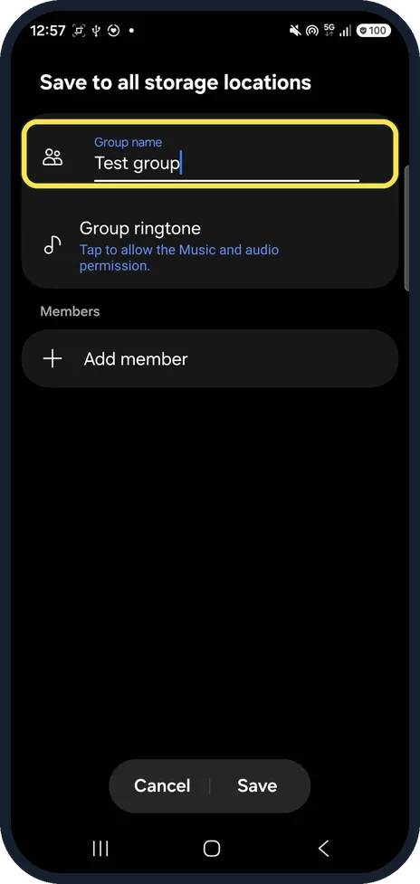 Android screenshot: Name the group and tap Add member
