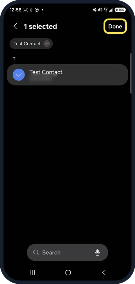 Android screenshot: Tick the contacts and tap Done