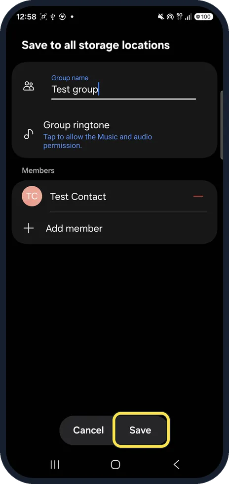 Android screenshot: Tap Save