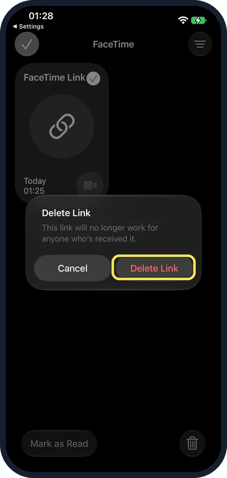 iPhone screen: Tap Delete Link
