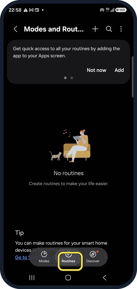 Android screenshot: Open the Routines tab