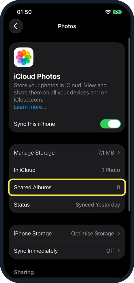 iPhone screen: Check Shared Albums on the iCloud Photos page