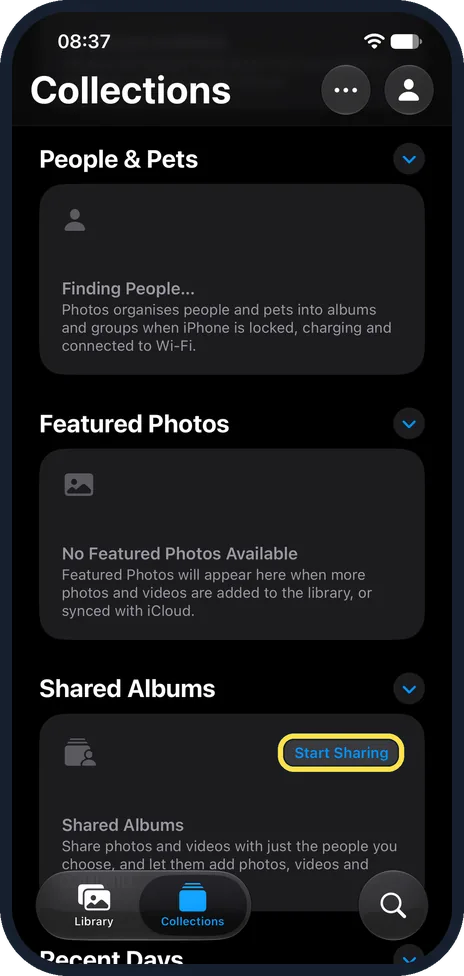 iPhone screen: Open Photos, tap Collections, then Start Sharing
