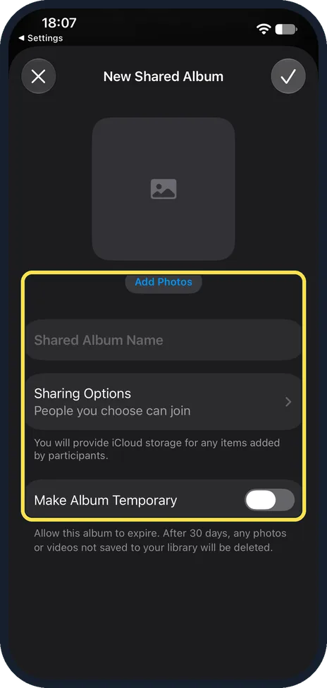 iPhone screen: Add photos, name the album and choose who can join