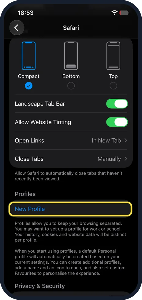 iPhone screen: Tap New Profile