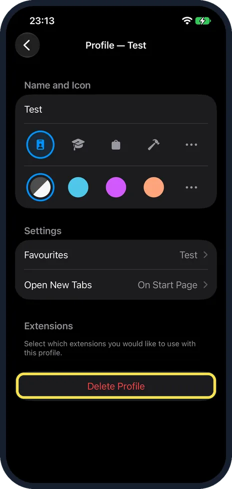 iPhone screen: To delete one, tap Delete Profile