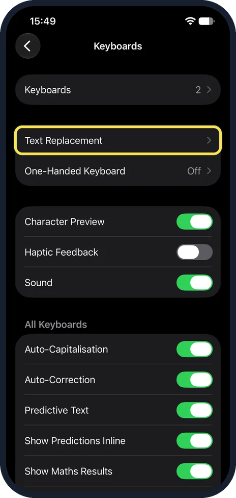 iPhone screen: Tap Text Replacement