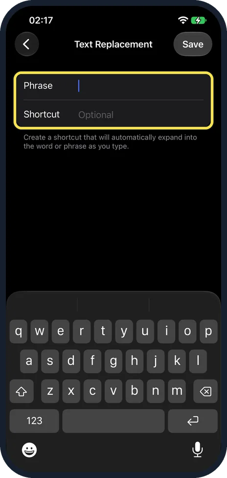 iPhone screen: Fill in both fields and tap Save