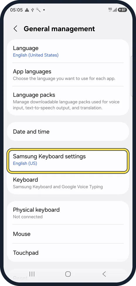 Android screenshot: Open Samsung Keyboard settings
