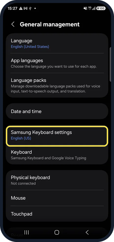 Android screenshot: Open Samsung Keyboard settings