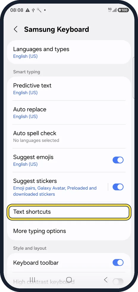 Android screenshot: Tap Text shortcuts