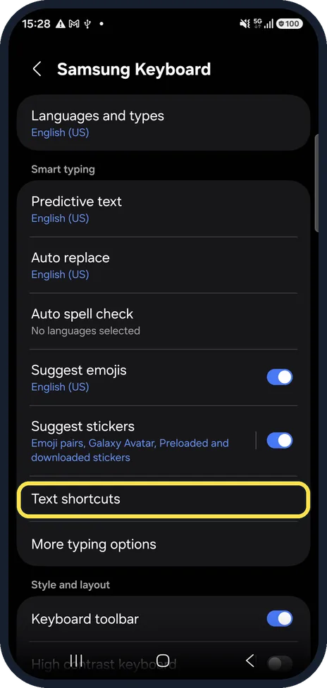 Android screenshot: Tap Text shortcuts