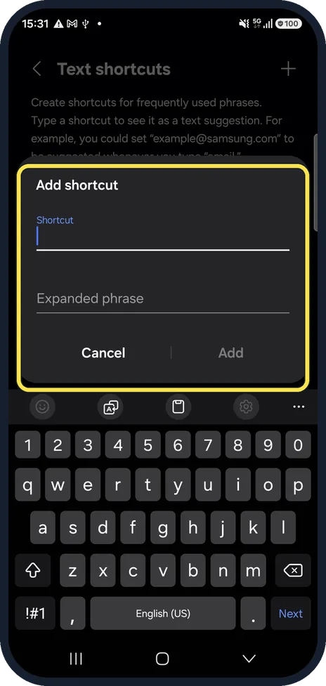 Android screenshot: Enter the shortcut and the phrase