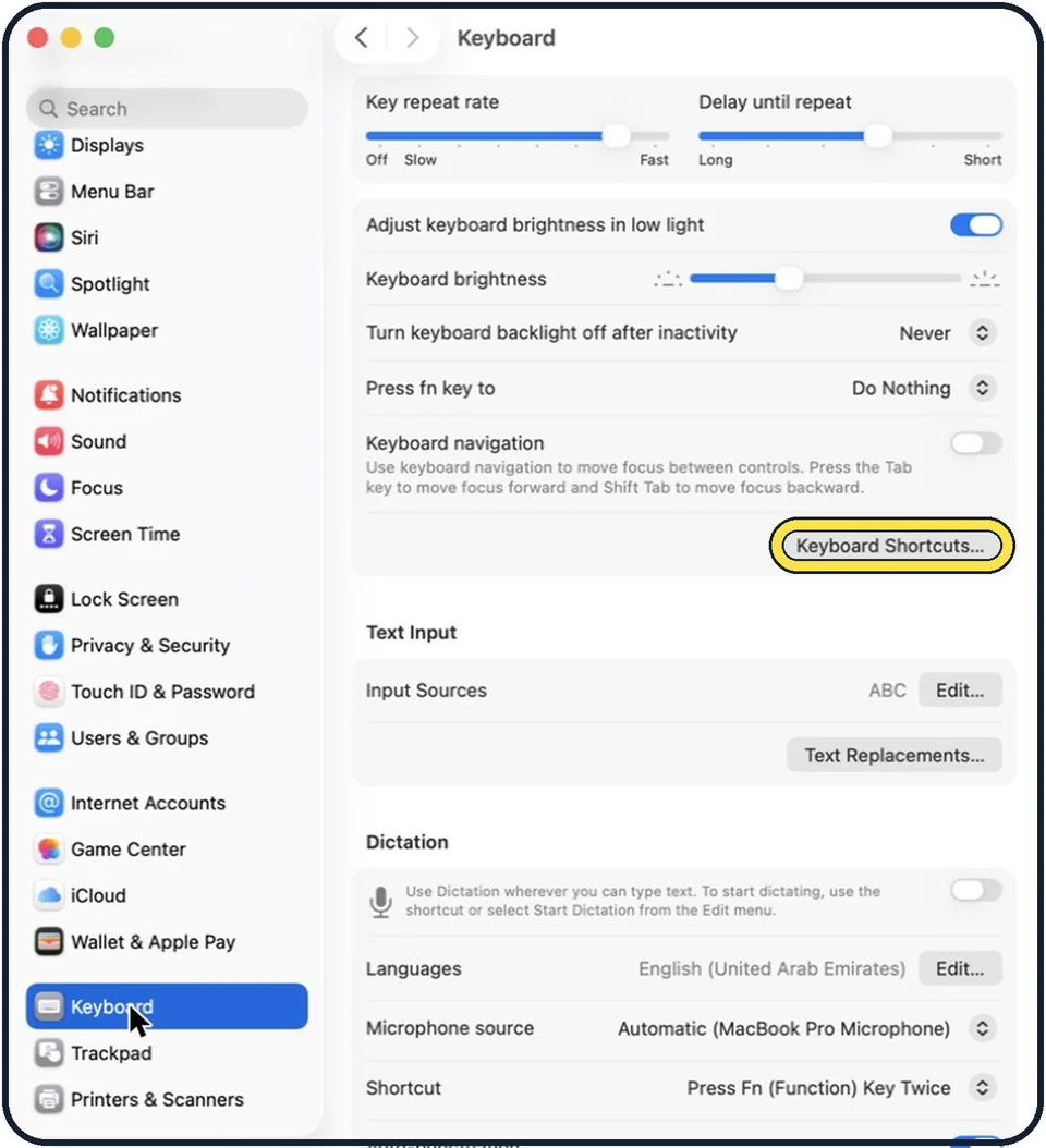 Mac screenshot: Click Keyboard Shortcuts