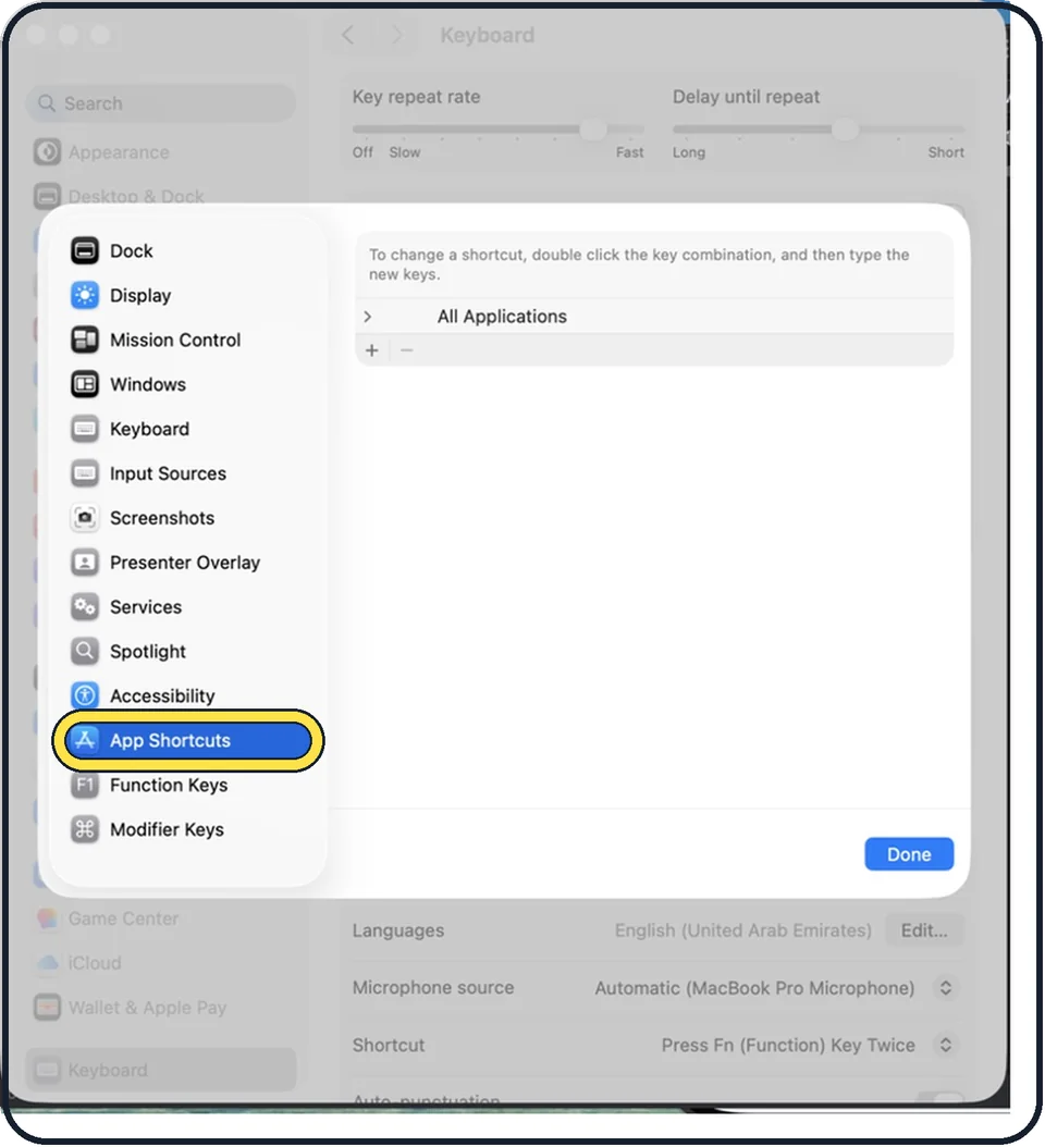 Mac screenshot: Click App Shortcuts, then the add button