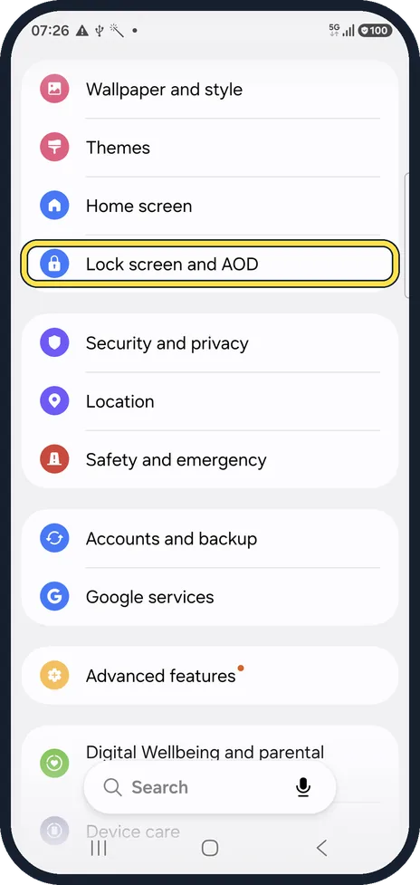 Android screenshot: Open Lock screen and AOD