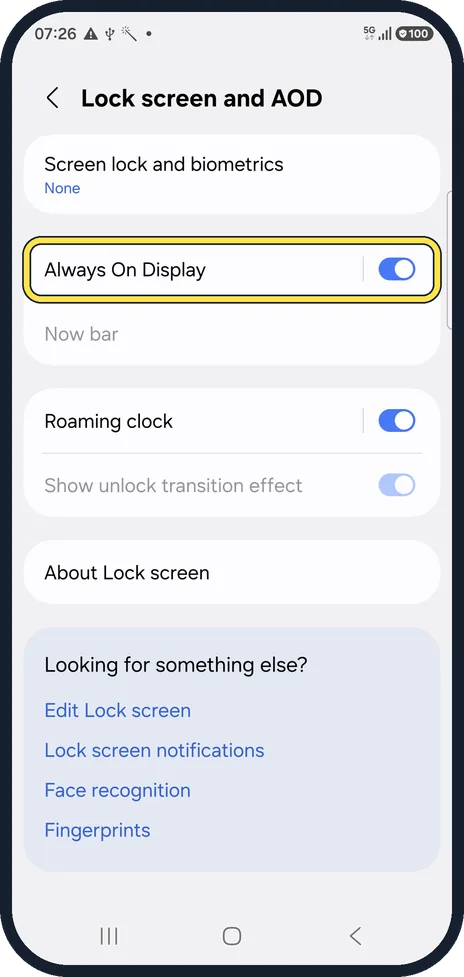 Android screenshot: Tap the words Always On Display