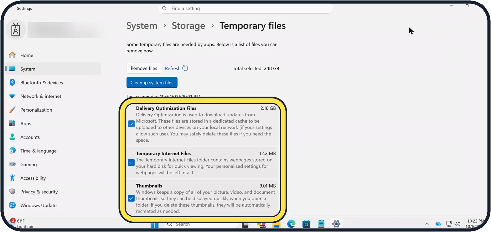 Windows screenshot: Check what is ticked