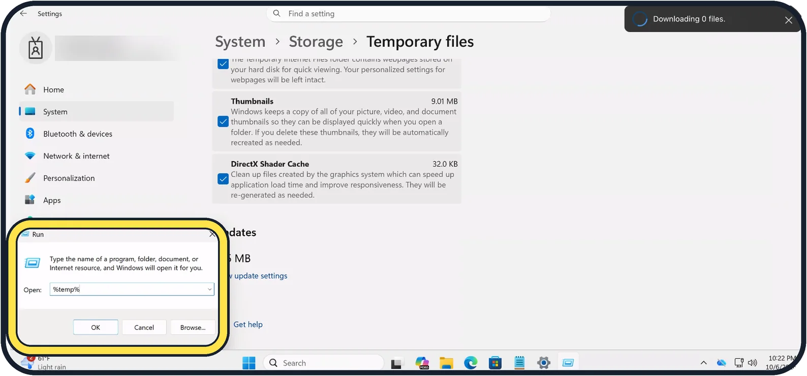 Windows screenshot: Open the Temp folder
