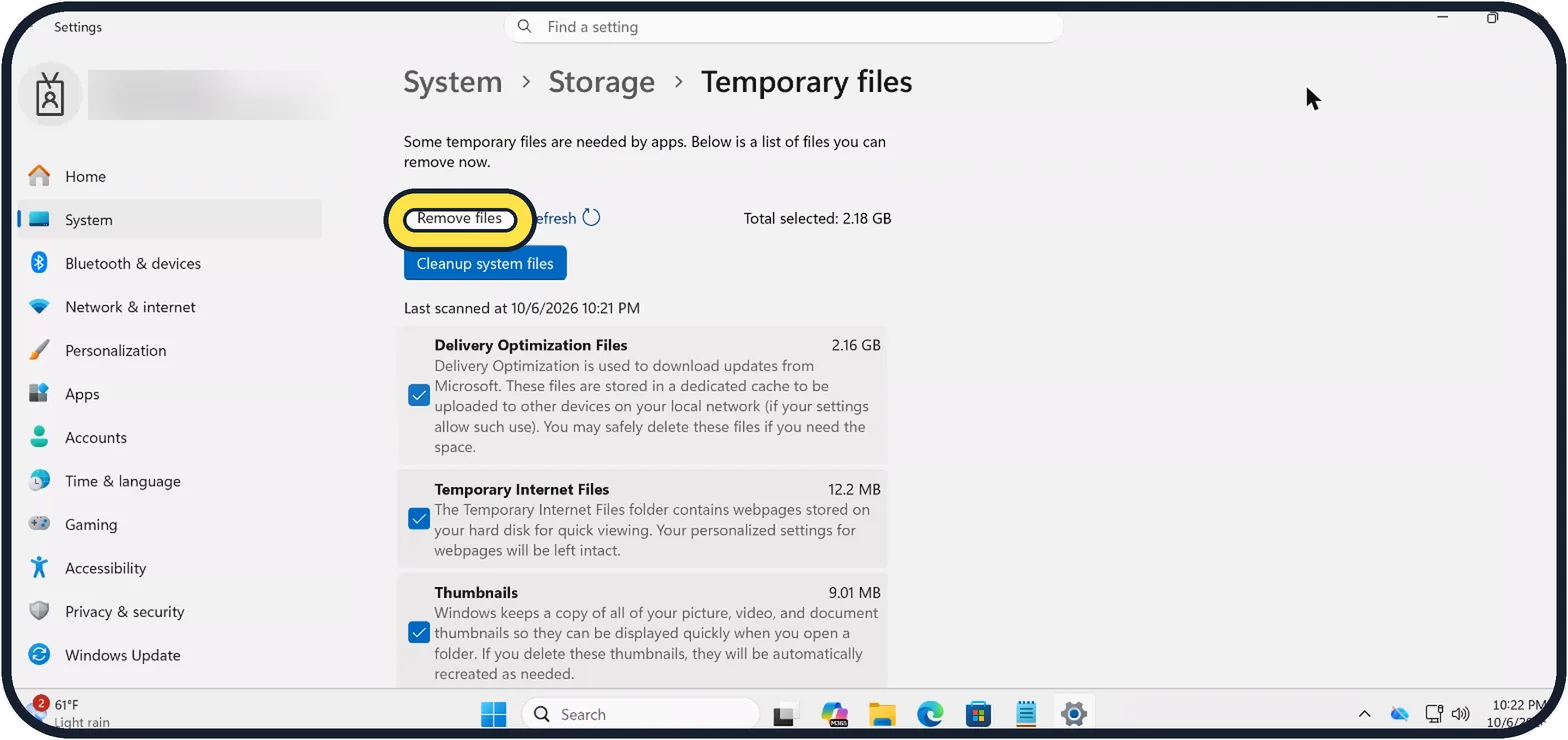 Windows screenshot: Click Remove files