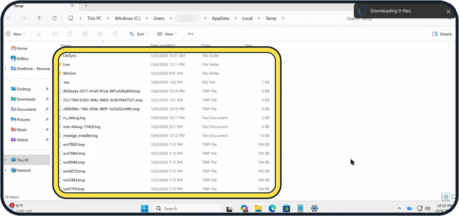 Windows screenshot: Delete what is inside