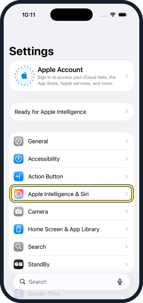 iPhone screen: Open Settings and tap Apple Intelligence & Siri