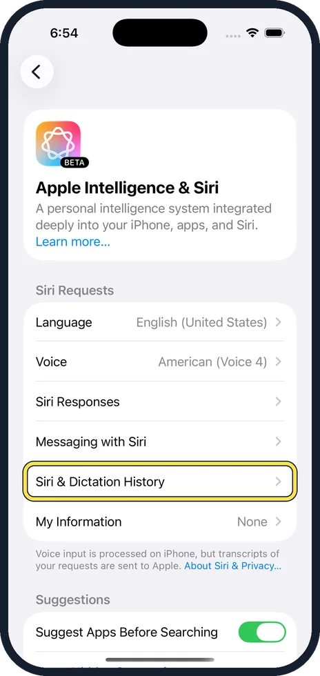 iPhone screen: Tap Siri & Dictation History