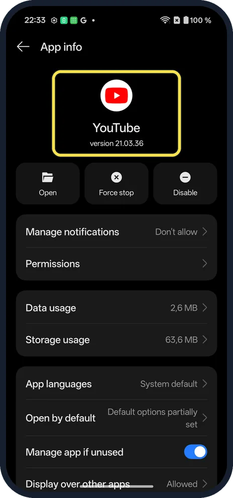 Android screenshot: Open the app's App info