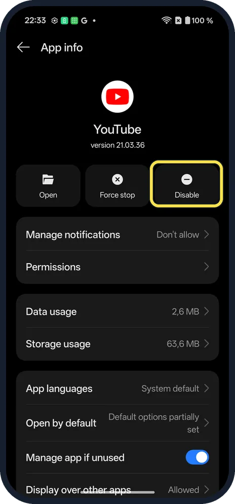 Android screenshot: Tap Disable