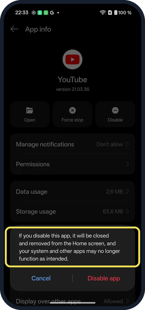 Android screenshot: Read the warning
