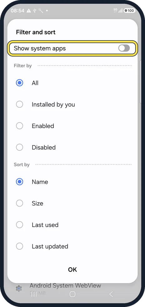 Android screenshot: Show the system apps if you need them