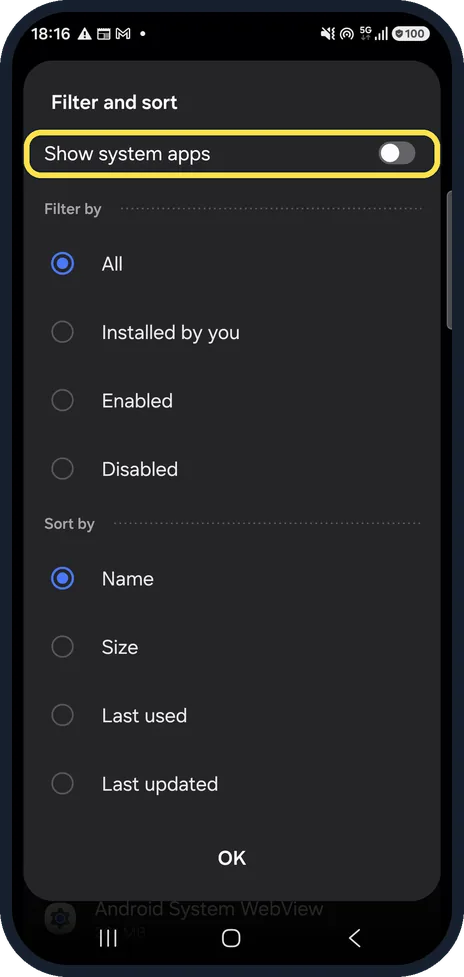 Android screenshot: Show the system apps if you need them