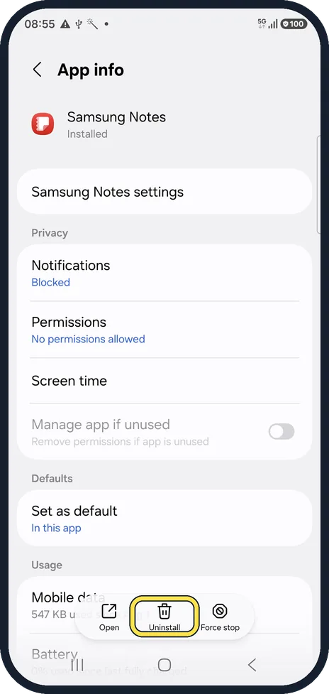 Android screenshot: Uninstall shown? Remove it
