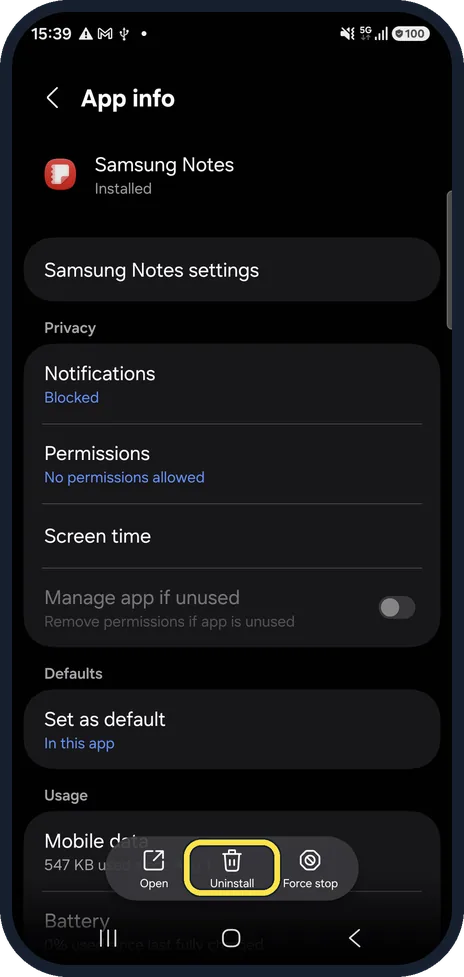 Android screenshot: Uninstall shown? Remove it