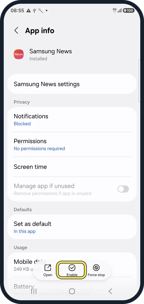 Android screenshot: Bring a disabled app back