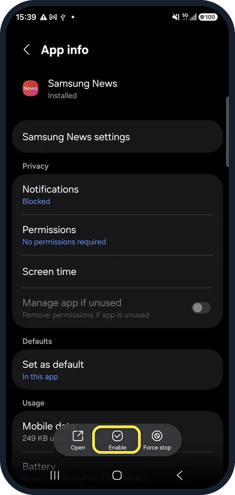Android screenshot: Bring a disabled app back