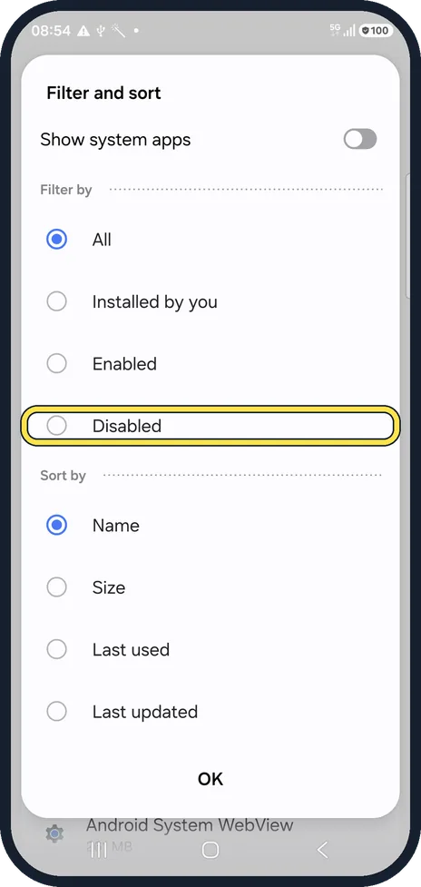Android screenshot: Find everything you disabled