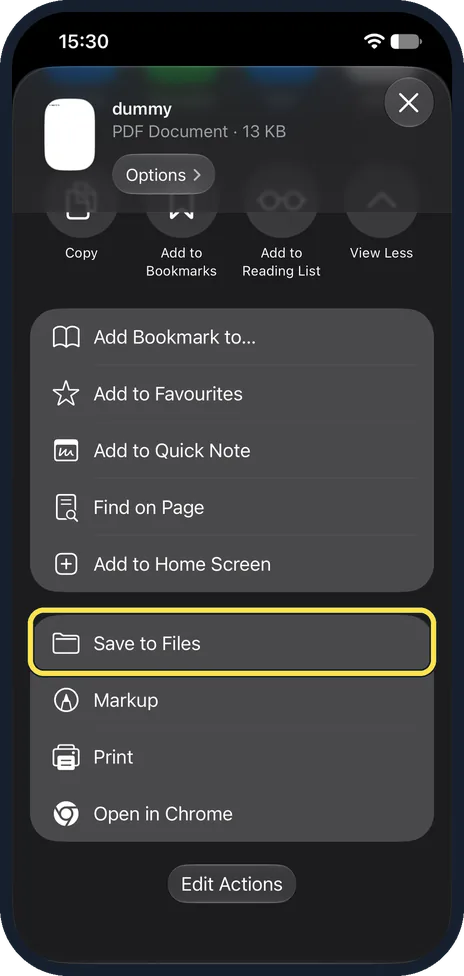 iPhone screen: Tap Save to Files